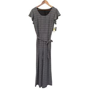 NWT Rafaella Geometric Wide Leg Jumpsuit M Black White Flutter Sleeve Belted